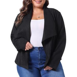 Plus Size Lapel Open Front Cardigans Outerwear Jackets Black